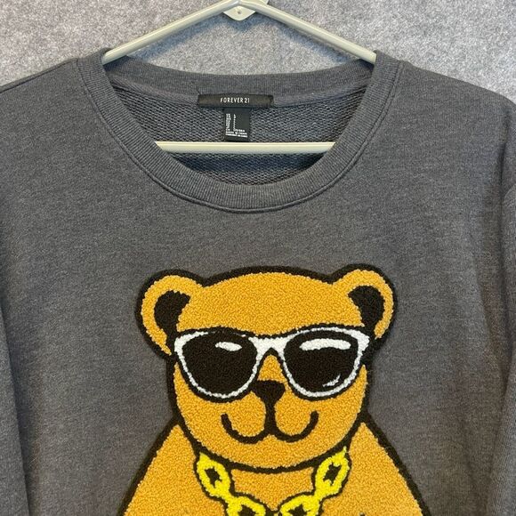 FOREVER 21 Graphic Bear Crewneck Sweatshirt Large Gray Hip Hop Dollar Chain - Picture 2 of 14
